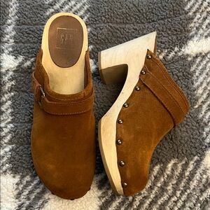 GAP Tan Suede Mules with Wooden Heel